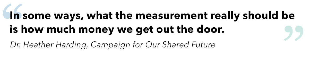 In some ways, what the measurement really should be is how much money we get out the door.  - Dr. Heather Harding, Campaign for Our Shared Future